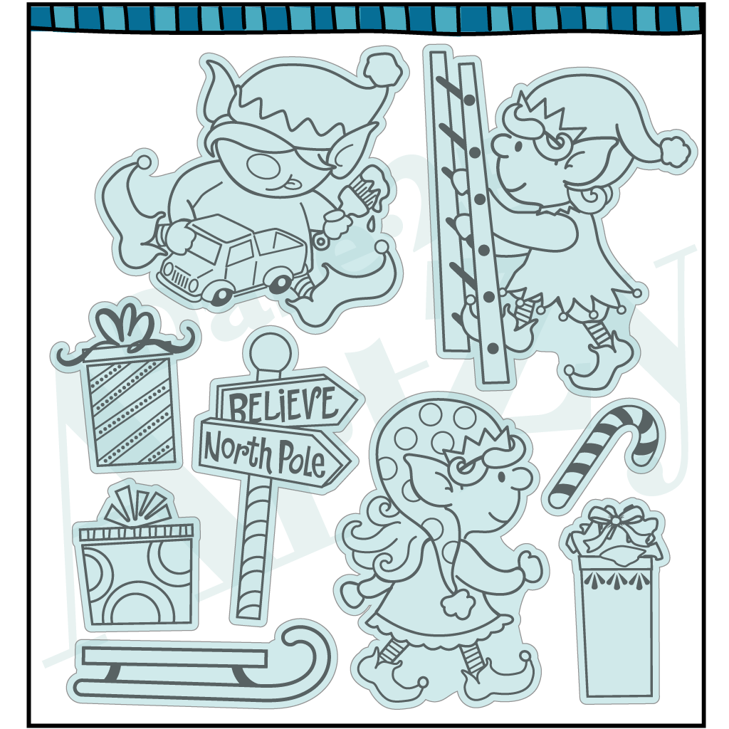 Steel dies used to cut images for card making.  Three different elf dies along with presents, a sled and a North Pole sign.  Coordinates with the stamp set, "Naughty or Nice" from Dare 2B Artzy.