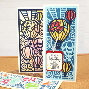 Dare 2B Artzy's Soar sentiments stamp set matches perfectly with the Hot Air Balloon die. Great for card makers and scrapbookers.