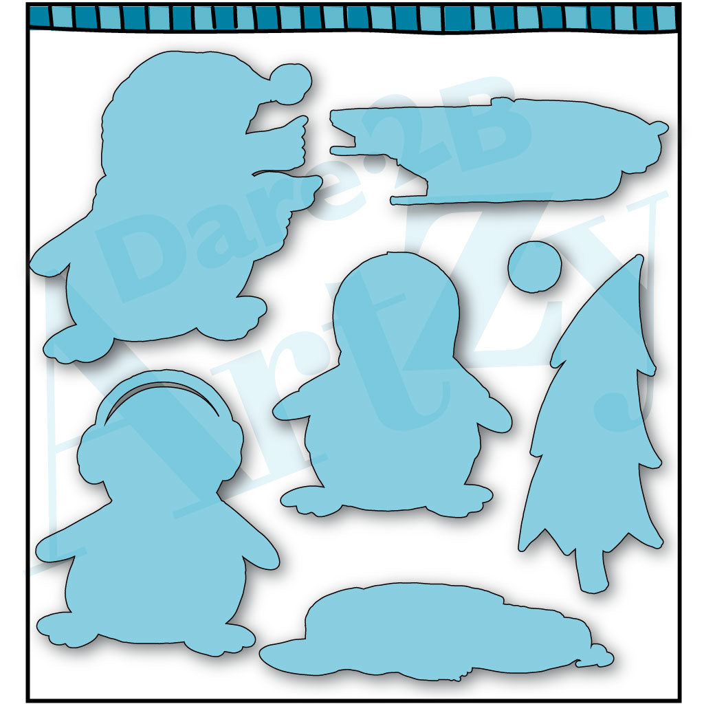 These little penguins are so much fun. Use them individually or line them up, holding flippers. We've included two rounded sentiments that make the perfect combination with one of the penguins for a snow globe card.  The "To From" fits in the belly of two of them for cute tags. This whimsical clear stamp and coordinating die is by Dare 2B Artzy. 