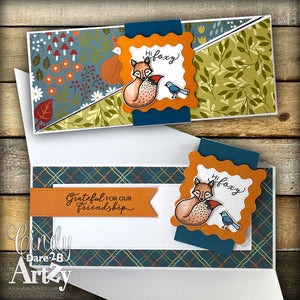 Create a fun fall card with these simple sentiments and sweet woodland creatures. Part of our Fall Harvest Paper Collection. This clear stamp set is produced by Dare 2B Artzy.