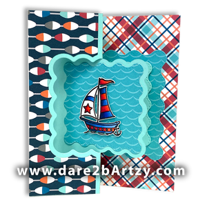 Handmade card using the die, "Wavy Square Fun Fold" from Dare 2B Artzy. Card includes an image of a sailboat with a nautical theme.