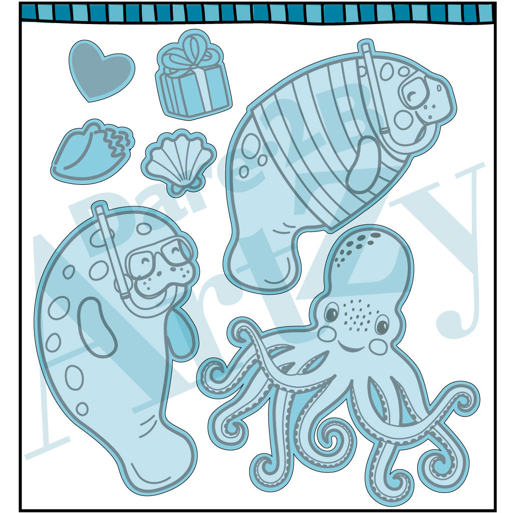 Die cut includes two snorkeling manatees and a smiling octopus.  Coordinates with the stamp set "Seas the Day" by Dare 2B Artzy.