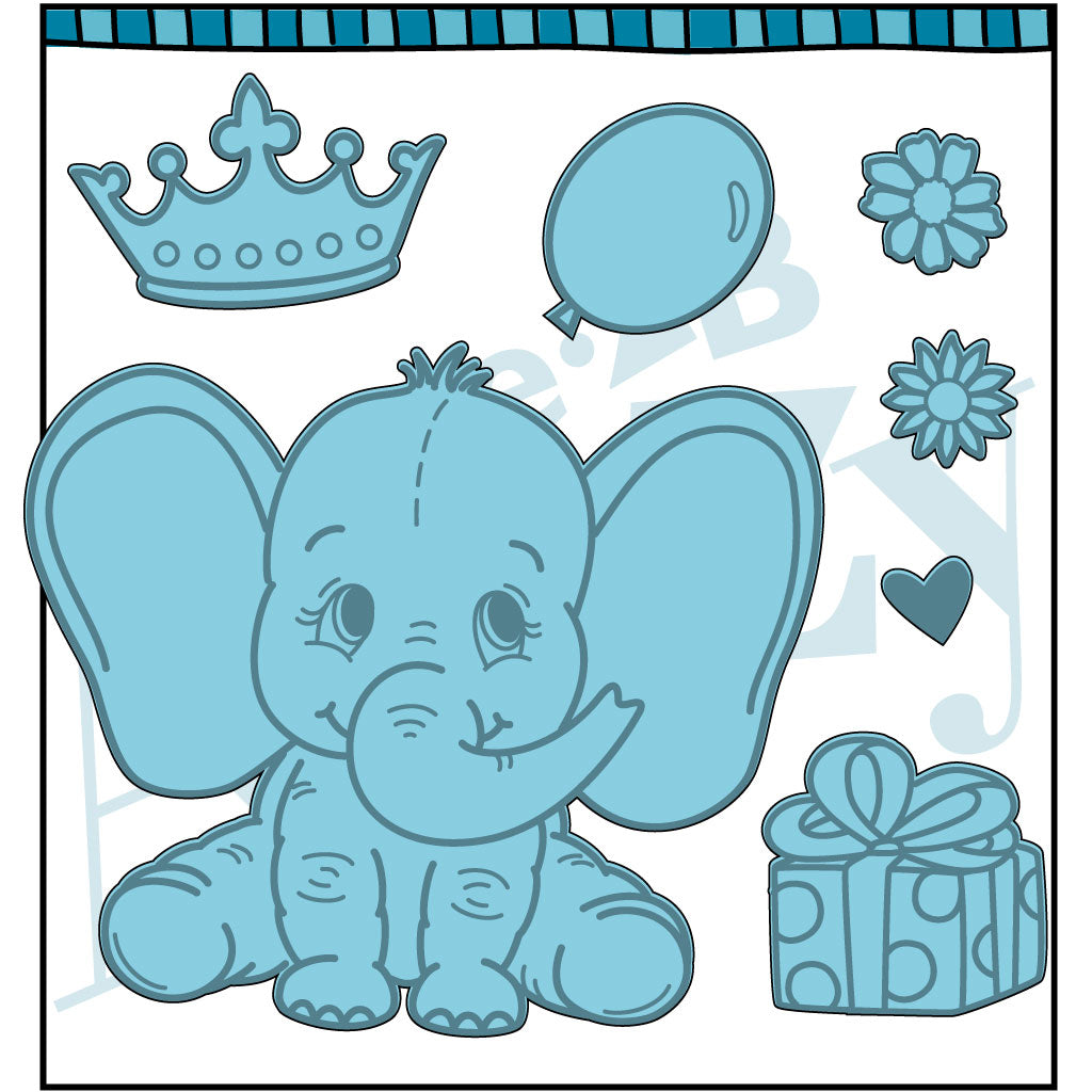 Die cut including a baby elephant, balloon, present, and a crown. Coordinates with the stamp set "Elephant" from Dare 2B Artzy.