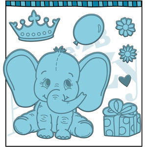 Die cut including a baby elephant, balloon, present, and a crown. Coordinates with the stamp set "Elephant" from Dare 2B Artzy.