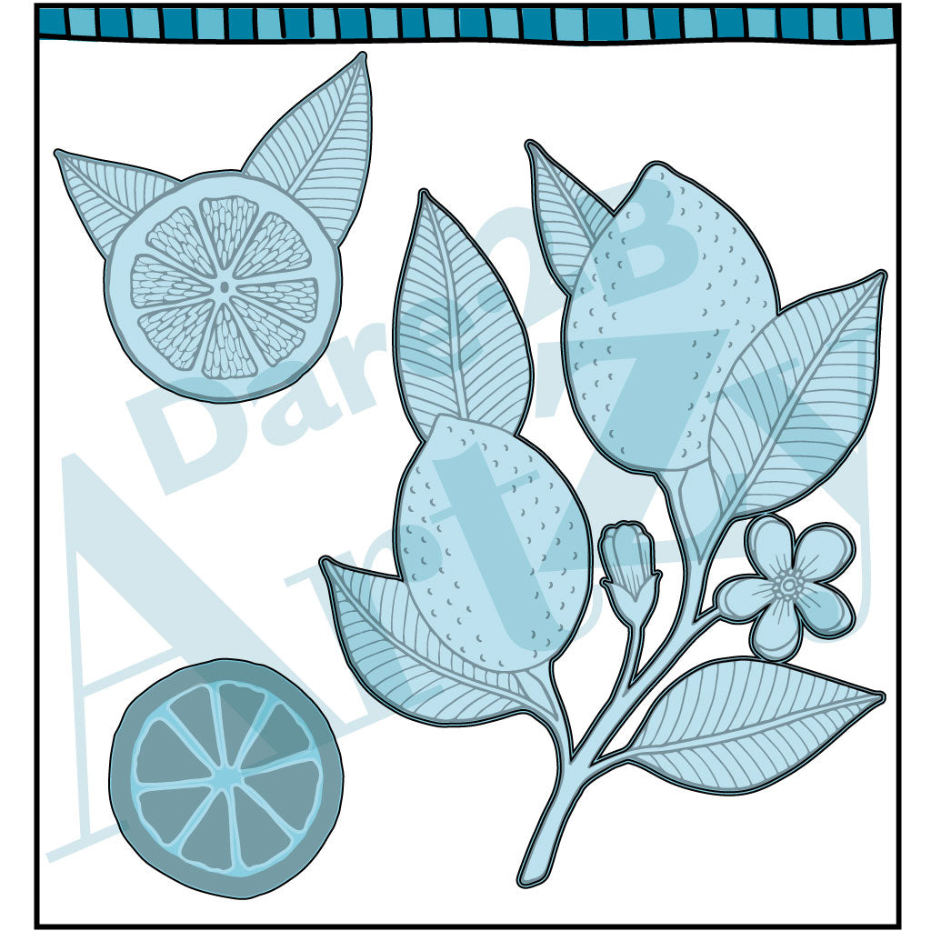 Die cut with lemons and a lemon branch. Coordinates with the stamp set "Lemon Zest" from Dare 2B Artzy.