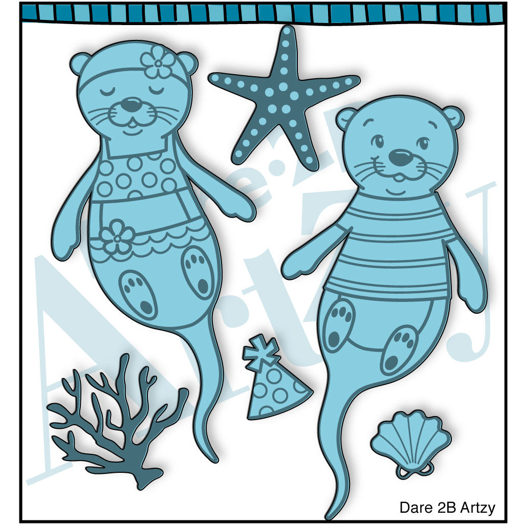 Die cut including an adorable otter couple and a starfish, coral and birthday hat. Coordinates with the stamp set "Otterly Awesome" from Dare 2B Artzy.