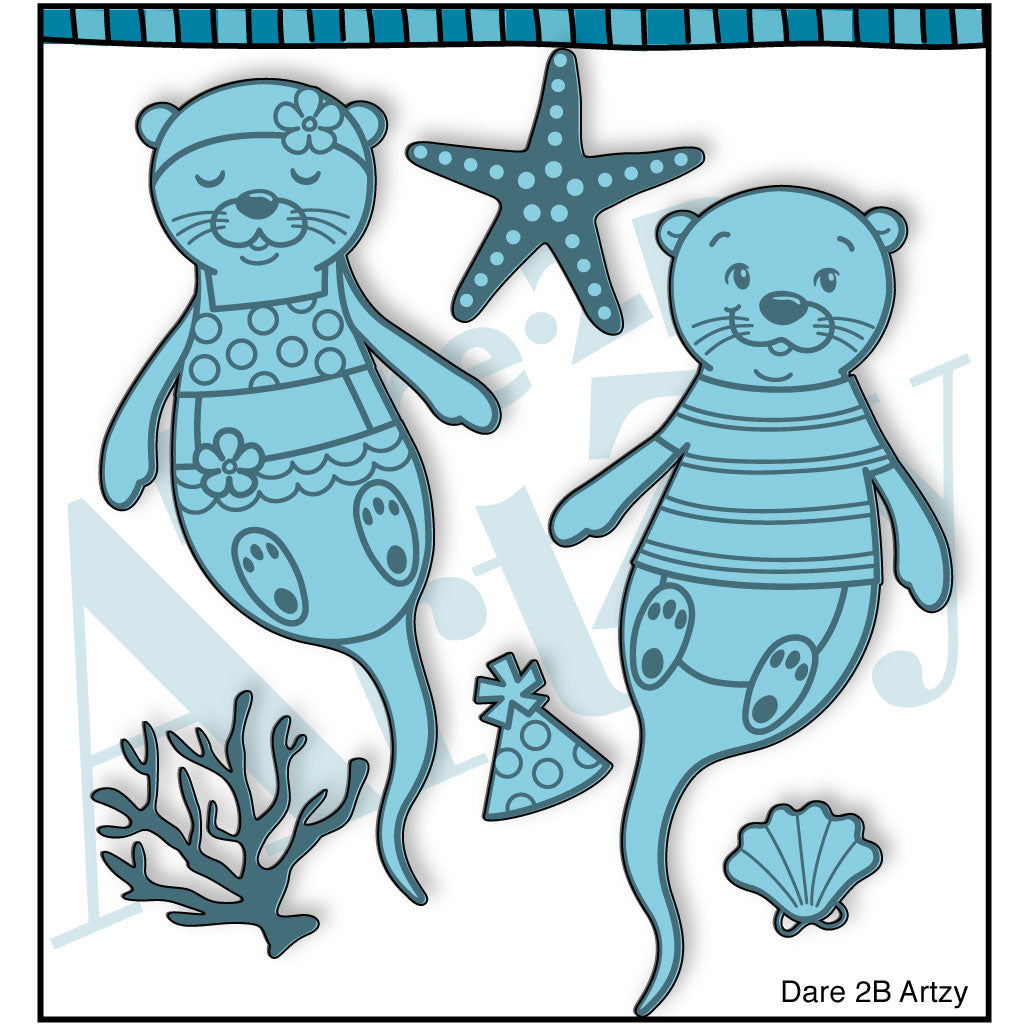 Die cut including an adorable otter couple and a starfish, coral and birthday hat.  Coordinates with the stamp set "Otterly Awesome" from Dare 2B Artzy.