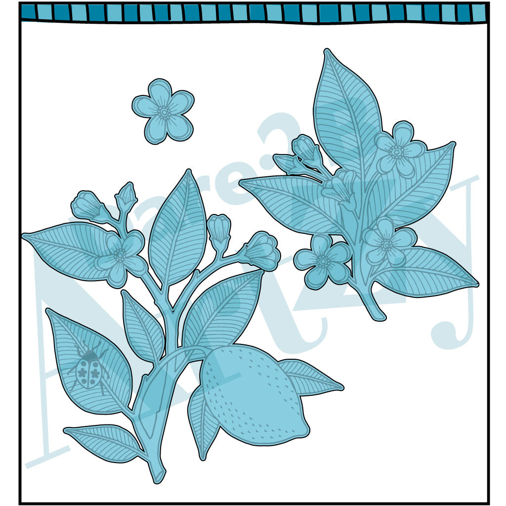 Die cut with a branch of leaves and flowers with a lemon and a ladybug. Die cut coordinates with the stamp set, "Friends" from Dare 2B Artzy.