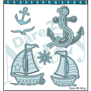 Die Cut with two different sail boats and a nautical anchor that coordinates with the stamp set "Anchors Away" from Dare 2B Artzy.