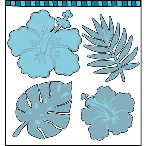 Die cut with two hibiscus flowers and palm leaves that coordinates with the clear stamp, "Hibiscus" from Dare 2B Artzy.