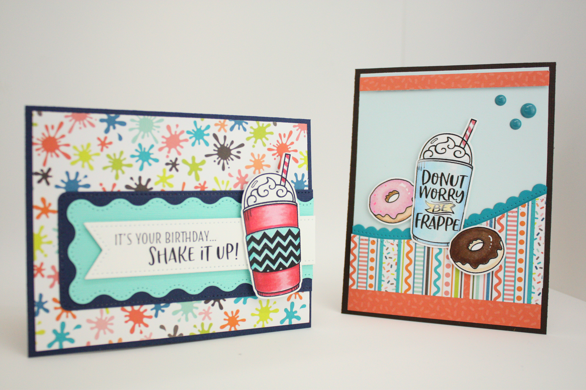 Two handmade cards using the stamp set, "Be Frappe" from Dare 2B Artzy. Images of a frappe with two donuts and the sentiments say, "Donut worry be frappe" and "It's your birthday, shake it up".