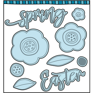Steel die cut for card making with two different size flowers with the words Spring and Easter.  Coordinates with the stamp set, "Spring is Blooming" from Dare 2B Artzy.