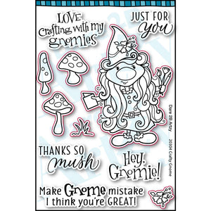 Clear stamp set with a fun gnome holding craft supplies, other images include, mushrooms and flowers. Sentiments include, "Thanks so mush" and "Hey gnomie". Coordinates with the die cut, "Crafty Gnome" from Dare 2B Artzy.