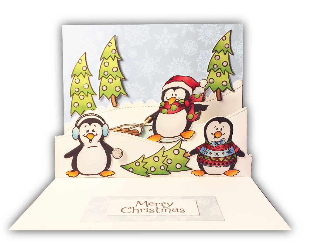 Use these fun little penguins individually or line them up, holding flippers. We've included two rounded sentiments that make the perfect combo with one of the penguins for a snow globe card. The "To From" fits in the belly of two of them for cute tags. This whimsical clear stamp is by Dare 2B Artzy.