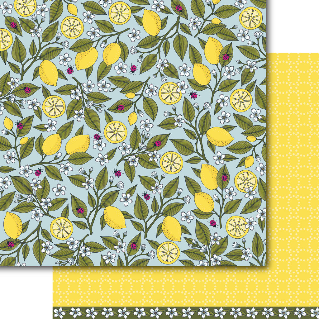 Paper for card making and scrapbooking with bright lemons and flowers. Bright yellow backside with a subtle pattern. Paper coordinates with the die cut, "Lemon Bouquet" from Dare 2B Artzy.