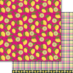 Paper for card making and scrapbooking with lemons in a bright pink and yellow color pallet.  Coordinates with the die cut, "Lemon Zest" from Dare 2B Artzy". 