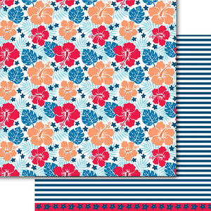 Paper for card making and scrapbooking with hibiscus flowers and palm leaves on the front and blue and white stripes on the back.