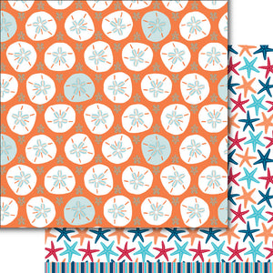 Paper for card making and scrapbooking with sand dollars with a bright orange background on the front and multicolored starfish on the back.  