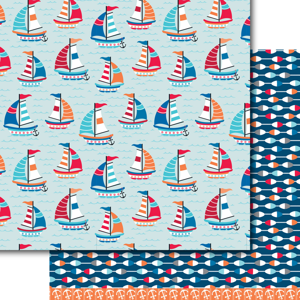 Nautical paper for carmaking and scarpbooking that has sailboats and buoys. Coordinates with the die cut "Anchors Away" from Dare 2B Artzty.