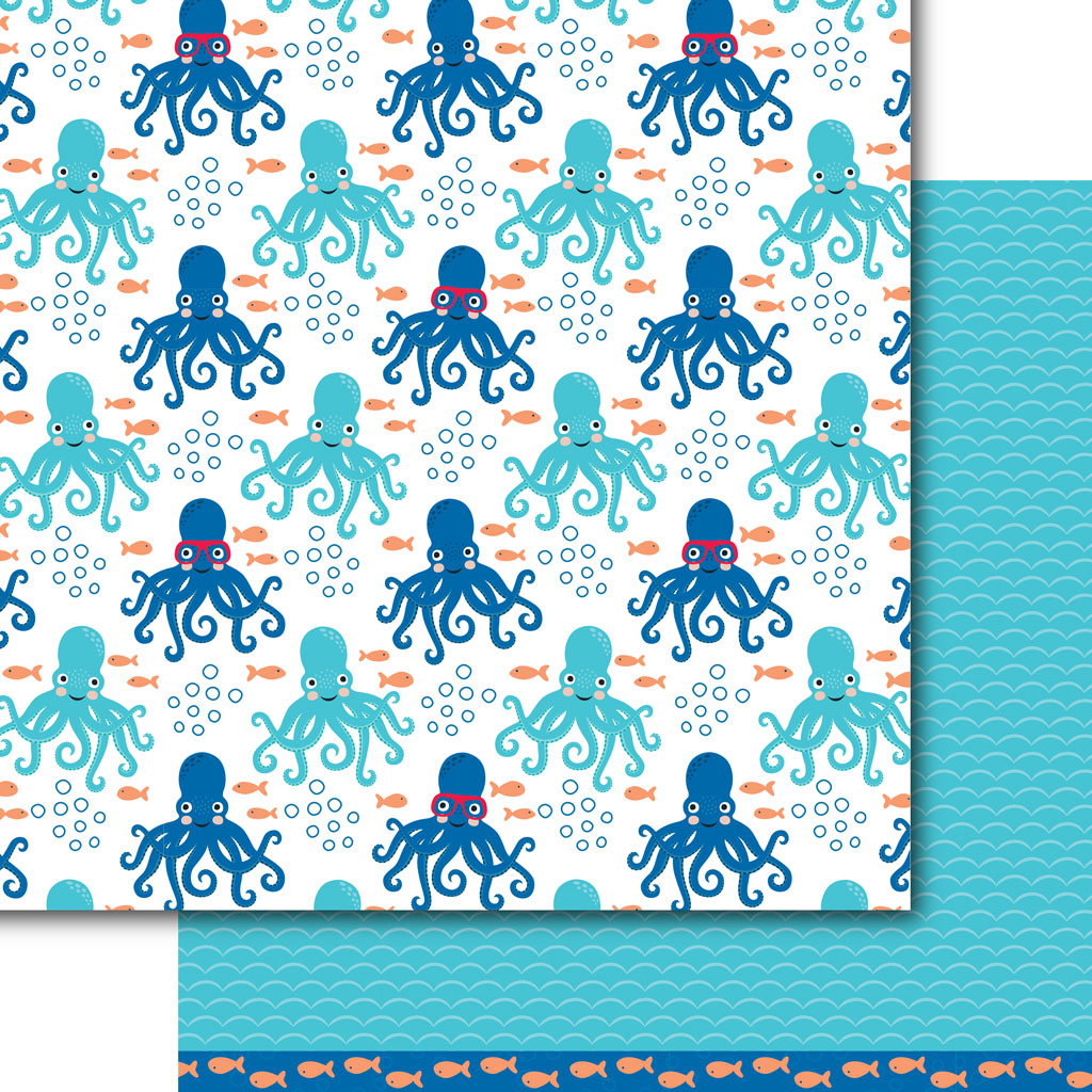 Paper for card making and scrapbooking with smiling octopus and little fish. Back side of the paper has blue ocean waves. Paper coordinates with the die cut "Seas the Day" by Dare 2B Artzy.