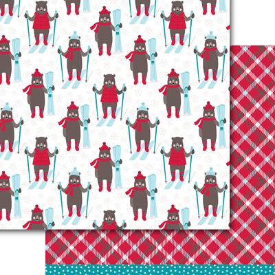 Paper for card making and scrapbooking with skiing bears and a warm red plaid on the back.  Coordinates with stamp set, 'Skisons Greetings" from Dare 2B Artzy.