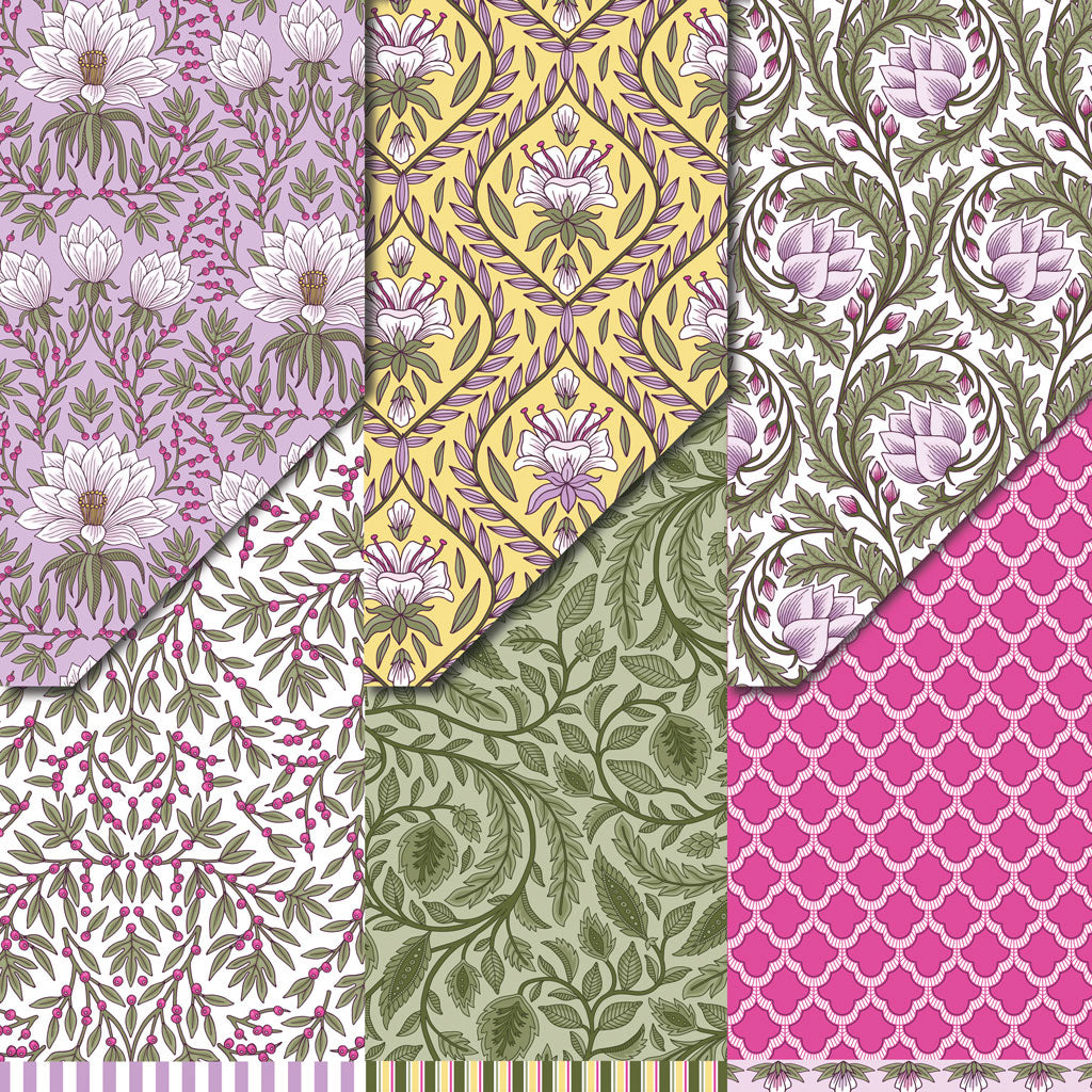 Collection of three different papers for card making and scrapbooking with beautiful shades of purple and pinks with flowers.  Paper coordinates with the die cut "Lotus" from Dare 2B Artzy.