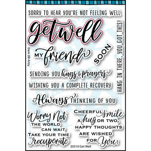 Clear stamp set with words of encouragement to send to someone who is sick. Sentiments include, "Sending you hugs & prayers" and "Always thinking of you". coordinates with the die cut, "Get Well" from Dare 2B Artzy.