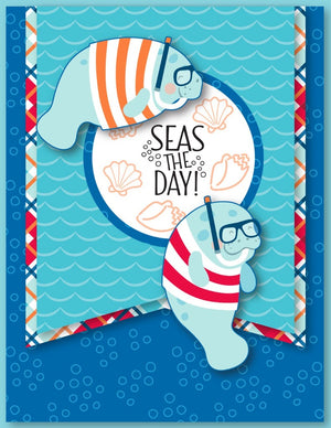 Handmade card with snorkeling manatees and the sentiment, "Seas the Day" using the stamp set "Seas the Day" from Dare 2B Artzy.  