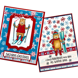 Two handmade cards with skiing bears and sentiments that include,"Ski-sons Greetings" and "I could hibernate with you all winter long" from Dare 2B Artzy.
