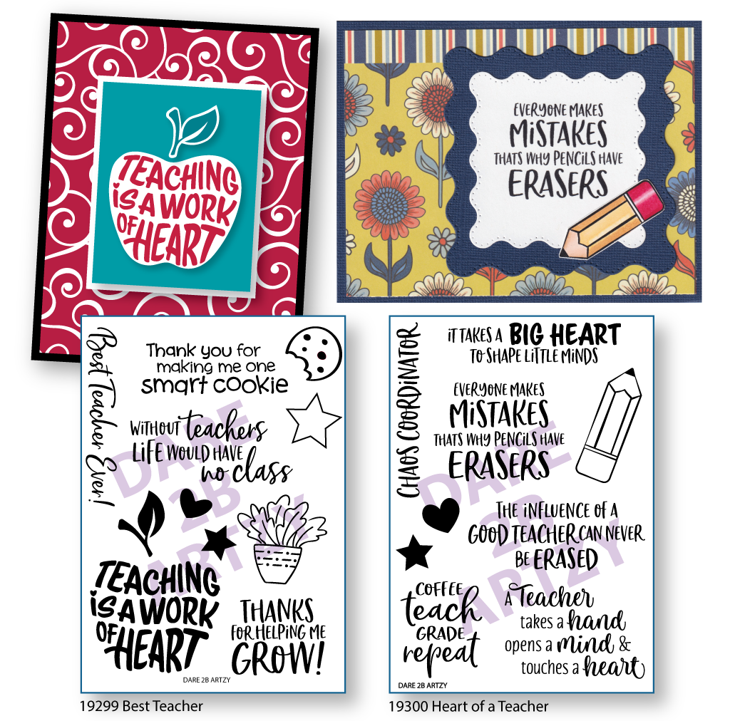 Collection of two handmade cards that are perfect for thanking the teachers in your life. Two stamp sets that include many teacher sentiments and a lot of teacher images.