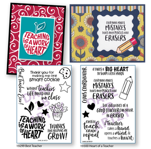 Collection of two handmade cards that are perfect for thanking the teachers in your life. Two stamp sets that include many teacher sentiments and a lot of teacher images.