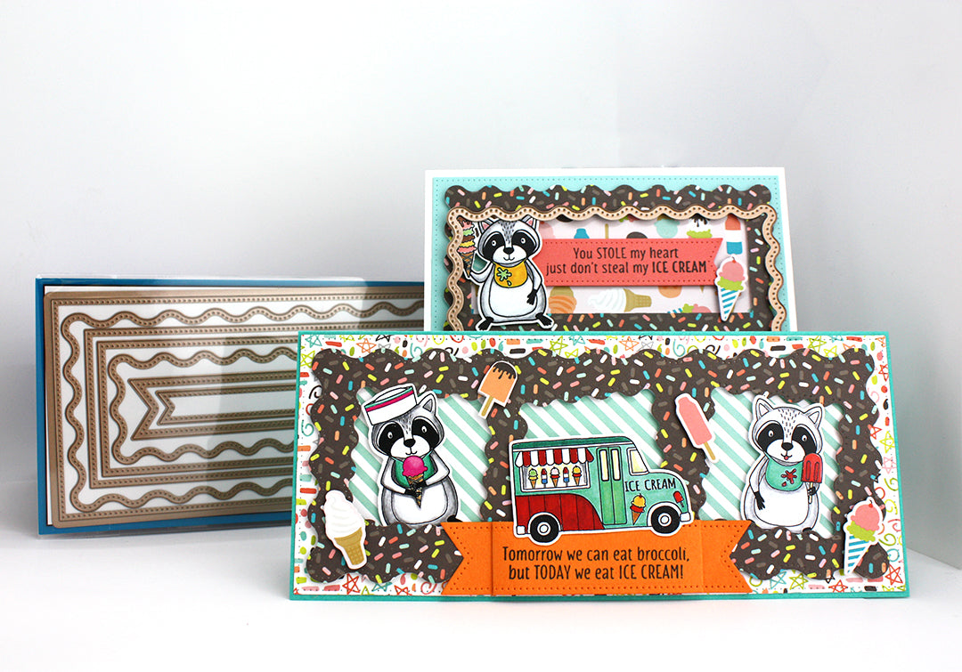 Two handmade samples of cards using the die, "Wavy Slimline Framelits" from Dare 2B Artzy. Both cards are summer themed with raccoons holding ice cream and an ice cream truck.