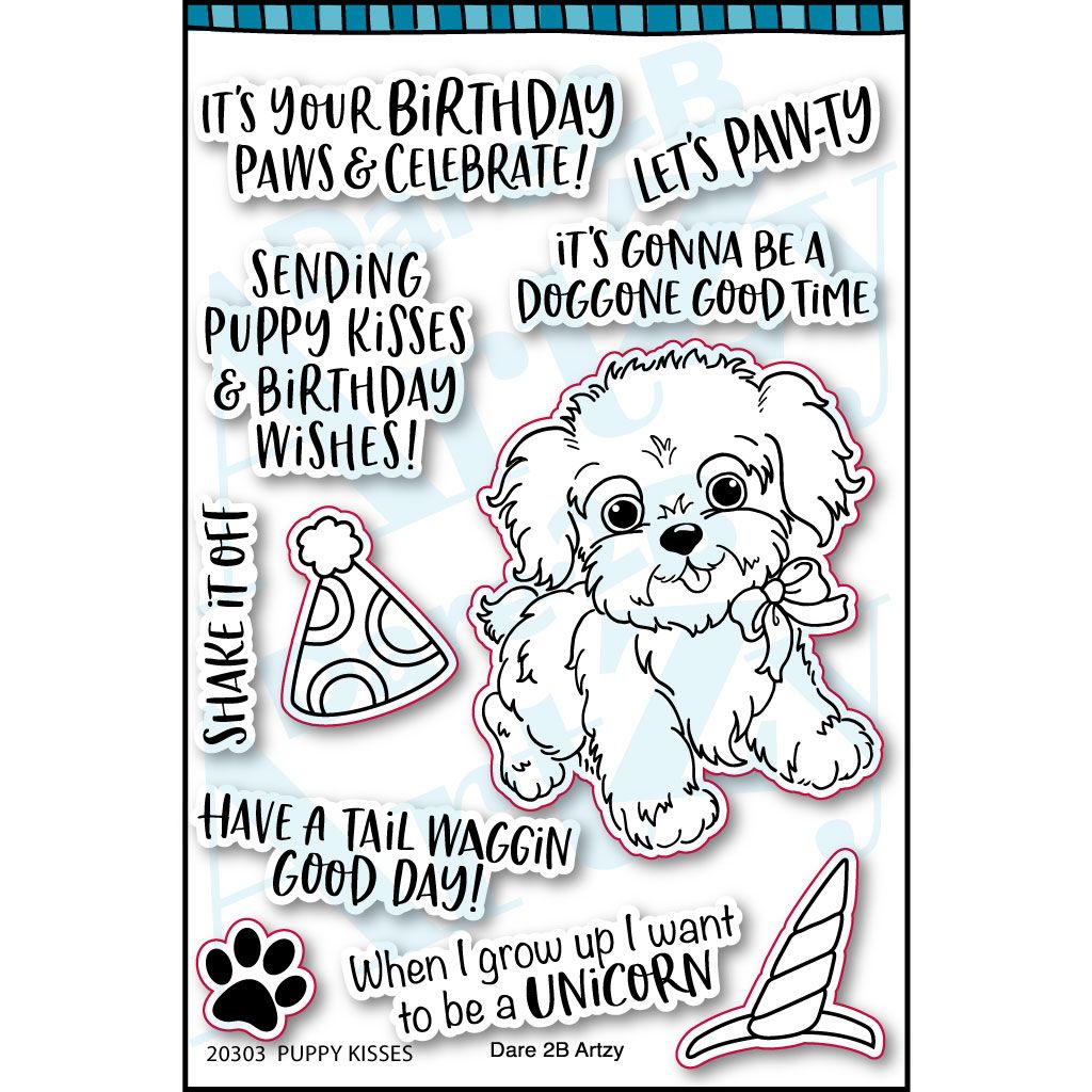 Clear stamp set with an adorable puppy with sentiments made for Birthday cards. Sentiments include, "Sending puppy wishes & birthday kisses" and "Have a tail waggin good day". Coordinates with die cut, "Puppy Kisses" from Dare 2B Artzy.