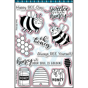 Clear stamp set with images of two bees, a bee hive, and two different honey jars.  Sentiments for enouraging a friend or wishing someone a happy birthday.  Sentiments include, "Always bee yourself" and "Sweeter than honey".  Coordinates with the die cut, "Buzzy Beez" from Dare 2B Artzy.