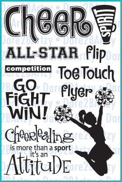 This cheerleading stamp set is great for scrapbooking and locker decorations.  Create a fun background by filling a page with the words by Dare 2B Artzy. 