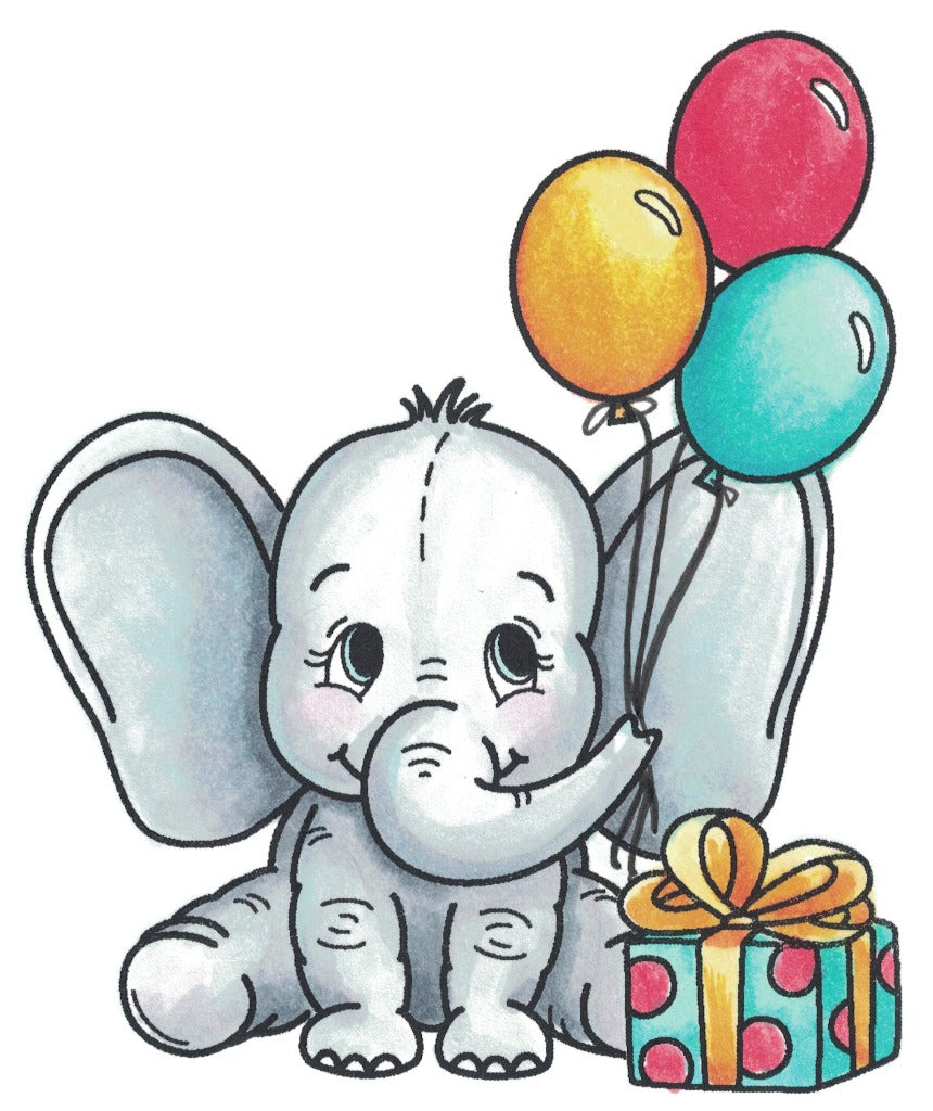 Stamped and colored image of a baby elephant holding balloons and a present from the stamp set "Elephant" by Dare 2B Artzy.
