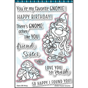 Clear stamp set with a feminine gnome holding flowers and an image of mushrooms. Sentiments include, "You're my favorite gnomie" and "There's gnome other like you". Coordinates with the die cut, "Flower Gnome" from Dare 2B Artzy.