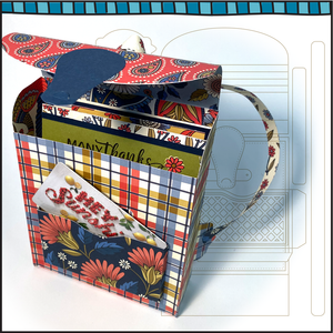 Sample of a small backpack that is created with paper to fit handmade cards.  Die cuts out all the pieces of paper required to assemble a paper backpack. 