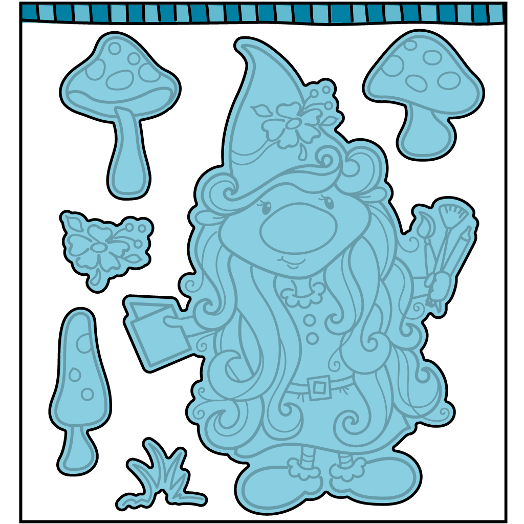 Steel die cut used for card making with a gnome holding crafting supplies and three different mushrooms.  Coordinates with the stamp set, "Crafty Gnome" from Dare 2B Artzy. 